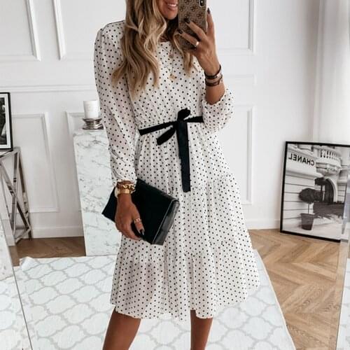 Women Vintage Polka Dot Sashes A-line Party Dress Long Sleeve O neck Ruffled Elegant Boho Dress 2021 Summer New Fashion Dress