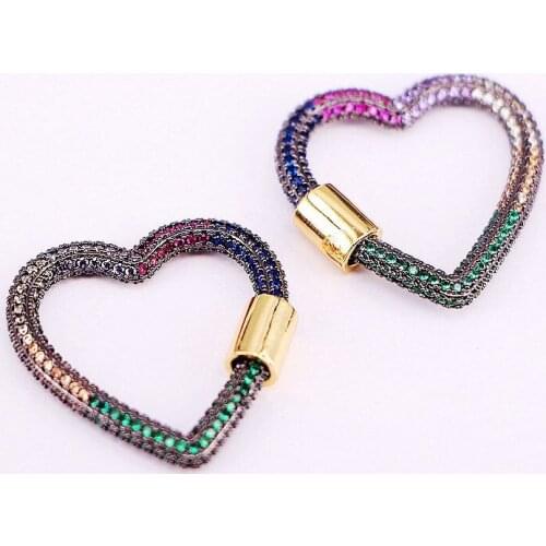 4Pcs, 26mm Heart Lock Screw Clasp Carabiner Pendant Pave Colorful CZ Clasps