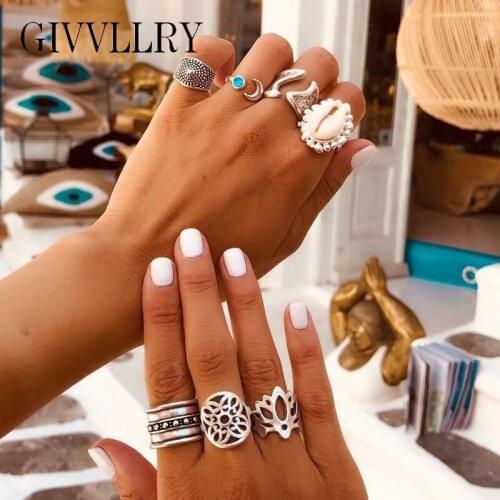 7 pcs/set Bohemian Rings Set Boho Indian Jewelry Ethnic Vintage Hollow Lotus Flower Geometric Shell Finger Ring for Women