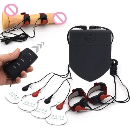 Dual Output Electric Shock Bipolar Penis Ring Electro Stimulation physiotherapy Ring Massage Pads Male Penis Extender SM Sex Toy