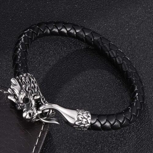 Black/Brown Leather Braided Bracelet Men Personality Dragon Head Stainless Steel Easy-Hook Woven Bangles Pulsera Masculina