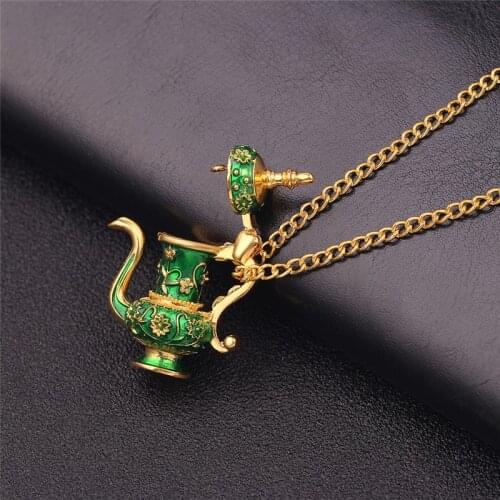 Flagon Teapot Pendant Long Chain Necklace Enamel Green Gothic Style Necklace Jewelry Gives Woman Valentines Day Gift