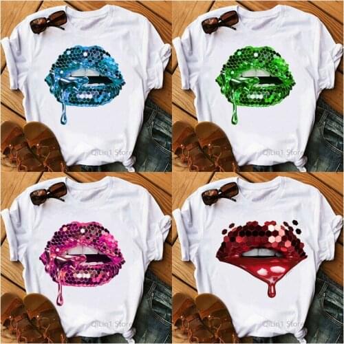 T Shirt Women Sexy Sequins Lip Print Tee Shirt Femme Make Up Lover Birthday Gift Girls Aesthetic Clothes Summer Top Custom