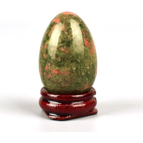 Unakite Gemstone Natural Green Unakite Cabochon Beads Egg Shape Massage Stone with Wooden Base Home Ornaments Gift Decoration