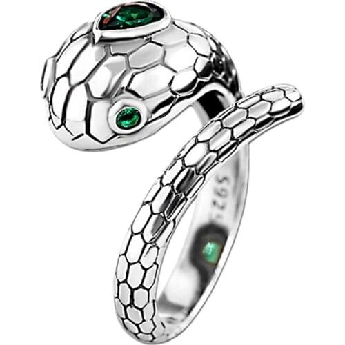 New fashion solid s925 pure silver jewelr green snake ring personality trend mens and womens rings