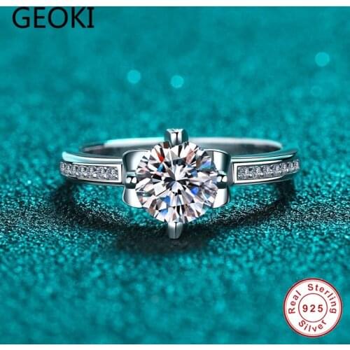 Geoki Passed Diamond Test Perfect Cut 1 CT Excellent Moissanite Crown Wedding Ring 925 Sterling Silver D Color Diamond Jewelry