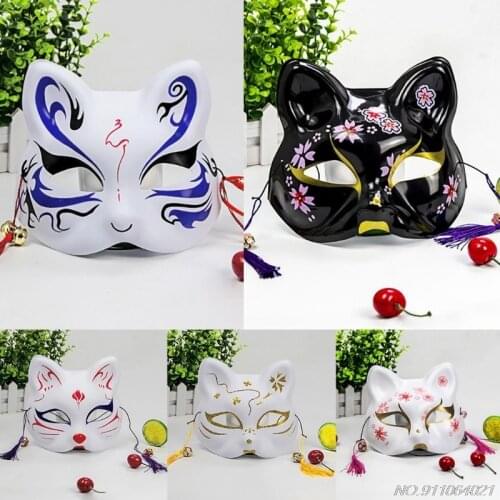 Japanese Animal Cat Half Face Mask with Tassels Small Bells Hand-Painted Cosplay Anime Masquerade Party Dress Up 21 Wholesales