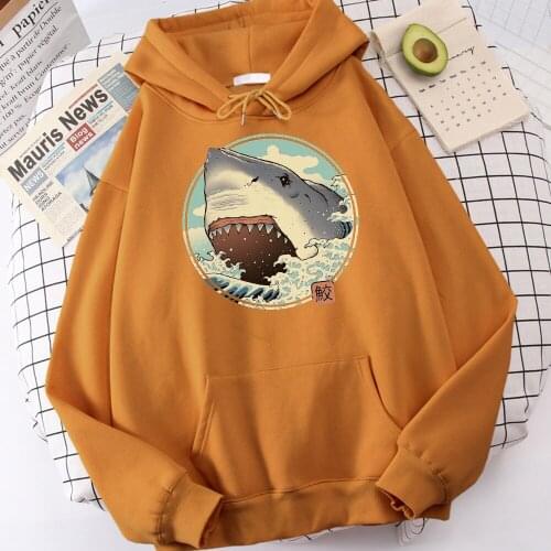 Ukiyoe Japanese Style Shark Painting Print Mens Hooded Loose Fashion Soft Streetwear Comfortable High Quality Males Sweatshirt