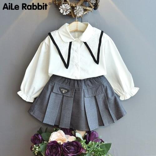 2021 New Autumn Girls College Style Long Sleeve Shirt + Pleated Skirt Two Piece Set