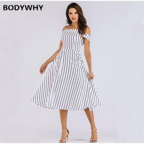 2020 New Products Sexy Fashion Womens Summer Shoulder A Pendant Striped Simple Dress Loose Long Dresses Ladies Free Shipping