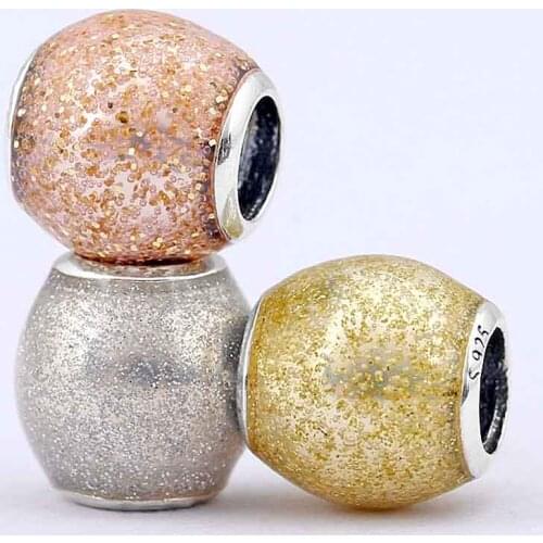 Original Rose Golden & Silver Enamel Glitter Ball Beads Fit 925 Sterling Silver Bead Charm Bracelet Bangle Diy Jewelry