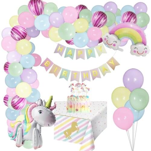 ONE TO FOUR Unicorn Theme Birthday Party Decorations Kids Girl Pastel Balloon Garland With tablecloth 3D Unicorn Ballon Supplies