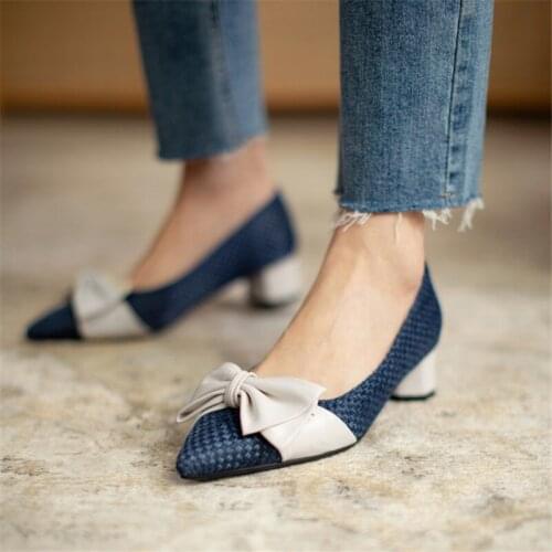 PXELENA Elegant Butterfly-knot Strange Med Heel Pumps Pointed Toe Slip On OL Office Lady Work Daily Shoes Plus Size 34-45 Spring