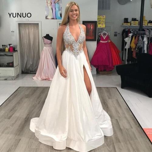 YUNUO Sexy High Side Slit Evening Dresses Long Embroidery Beading Prom Dress Satin Halter robe de soiree Party Gowns Ivory