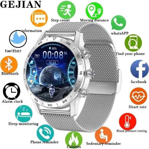 GEJIAN Smart Watch Smartwatch Men IP68 Waterproof Sport Steel Belt Fitness Watch Mens for Android Ios Phone Wireless Charging