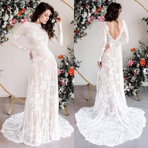 Vintage Full Lace Wedding Dresses with Nude Lining 2020 Sheer Long Sleeves Backless Beach Boho Bridal Gowns