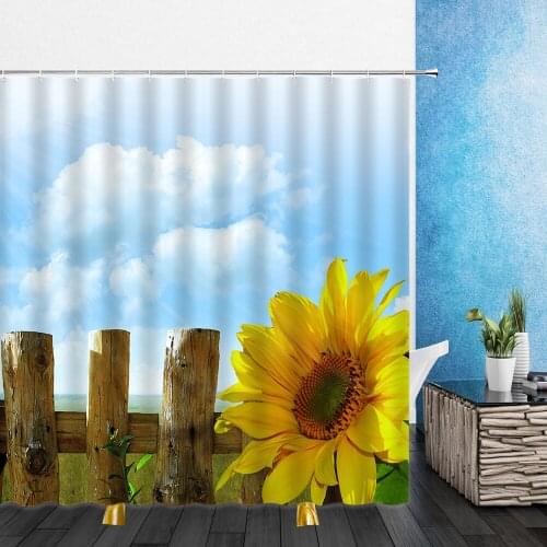Flowers Shower Curtains Yellow Sunflower Summer Farm Green Leaf Plant Bathroom Home Decor Waterproof Polyester Cloth Curtain Set