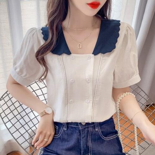 Autumn Blouse 2021 Korean Fashion French Retro Solid Color Blouse Round Neck Puff Sleeve Pleated Splicing Temperament Casual