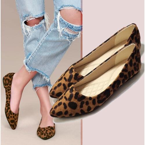 EAGSITY Suede Leopard Women Ballet Flats Shoes Brown Slip on Pointed Toe Comfortable skid Resistance Casual,Dance,Party,Work