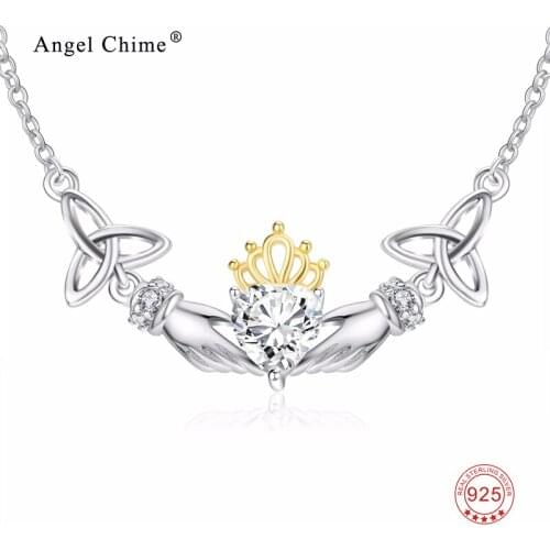 Angel Hands with Gold Crown 925 Sterling Silver Pendant Necklace 3A Cubic Zirconia Fashion Jewelry For Women Engagement Gift