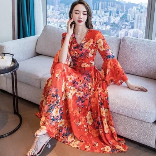 Printed Chiffon Dress Female 2021 New V-Neck Flare Sleeve Slim Big Swing Summer Autumn Long Maxi Dress Women Vestido zh1555