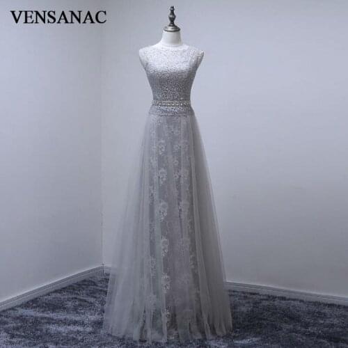 VENSANAC 2017 New A Line Embroidery O Neck Long Evening Dresses Sleeveless Elegant Crystals Sash Chiffon Party Prom Gowns