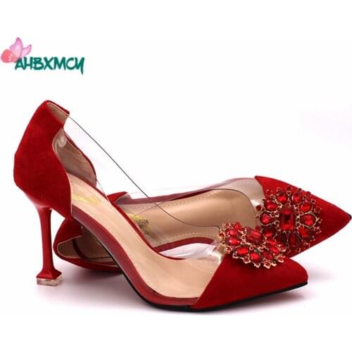 2020 New Italian Ladies Sexy High Heels Pumps Red Rhinestones Design Ladies Women Pumps Nigerian Sandal Shoes for Parties