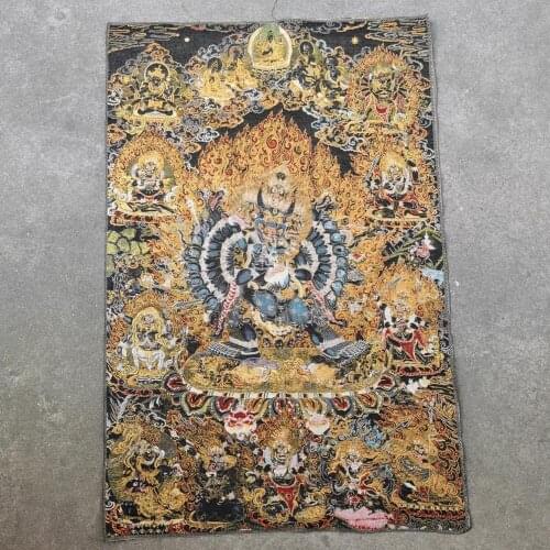 35" Thangka embroidery Tibetan Buddhism silk embroidery brocade Nepal Bull head Thousand Hands Huanxi Buddha Statue Thangkas
