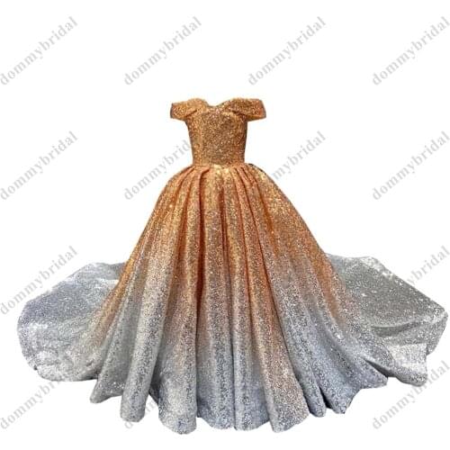 Amazing Rose Gold To Sliver Ombre Ball Gown Girls Pageant Prom Formal Dresses For 7-16 Toddler Kids Juniors Off Shoulder Long