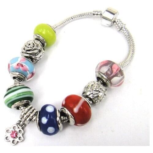 Free shipping mutlicolor Glass Bead and rose flower, Metal flower CZ charm bracelet