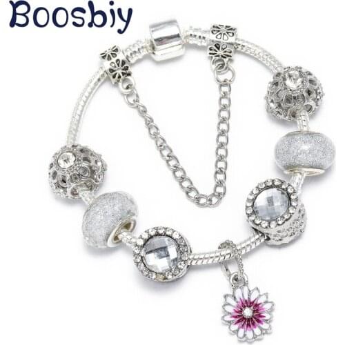 Boosbiy High Quality Silver Plated Crystal Flower Charms Beads For Women Fit Brand Charms Bracelets Valentines Day Gift