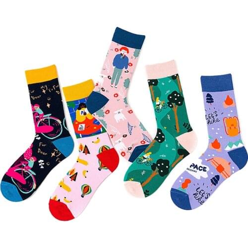 Colorful Cotton Funny Bicycle Dog Tree Happy Forest School Bag Alphabet Mens Socks Harajuku Graphic Socks For Christmas Gift