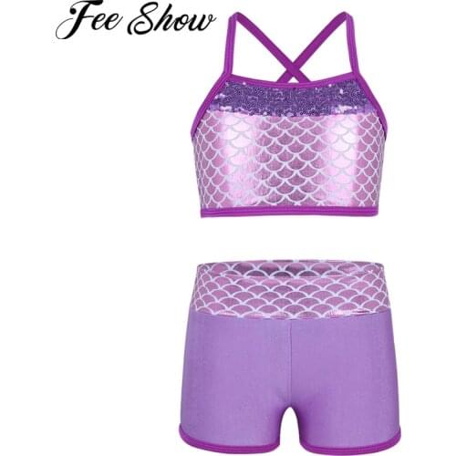 Children Girls Sequins Mermaid Scales Printed Top Bra and Shorts Set for Gymnastics Leotard Dancing Exercise Workout Outfits