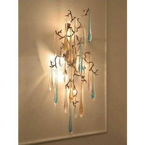 French full copper crystal tree branch wall lamp designer art background TV wall bedside aisle creative pure copper wall lamp