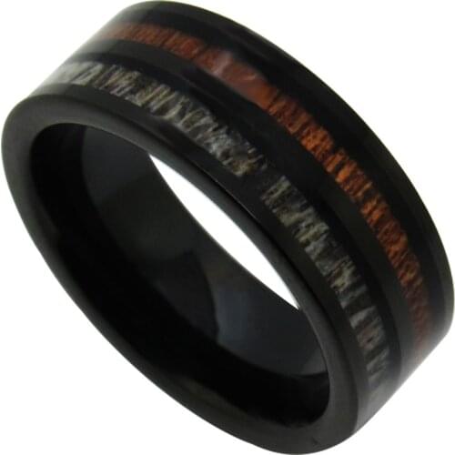 New Arrival 8mm Width Mens Tungsten Promise Rings Black Color Inlay Natural Real Antler Elk & Koa Wood for Wedding Band 6-13