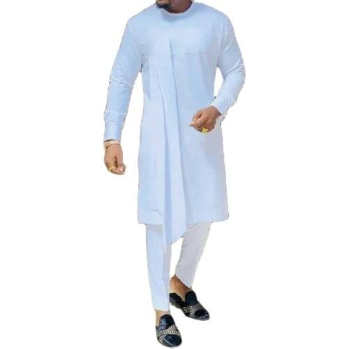 2020 African fashion Mens Pant Set Custom Made Plus Size Solid White Patchwork Tops+Elastic Waist Trousers For African Party