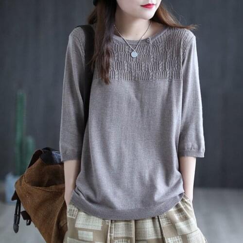 Summer Retro Literary Knit Sweater Round Neck Loose Solid Color Thread Three-quarter Sleeve Bottoming Shirt Top