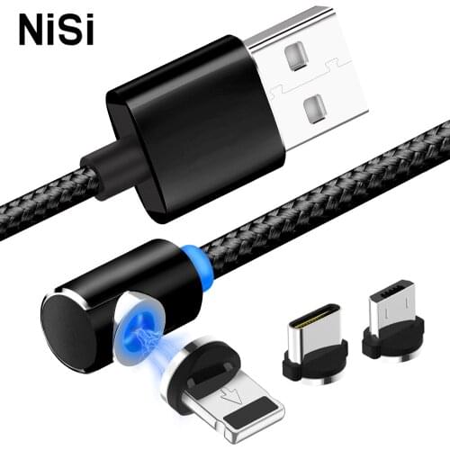 NISI 90 Degree L Shape Round LED USB C Magnetic Cable Micro USB/8Pin IOS TypeC 360 Charging Wire Cable for iPhone X XR Samsung