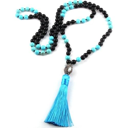 MOODPC Fashion Bohemian Jewelry 108 Beads Multi Stone Knotted Oval Pearl Crystal Ball & Tassel Necklace Wome Yoga Necklace