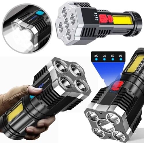 4 LED+COB Beads Strong Flashlight USB Charging Power Display Portable Torch Household Outdoor Hiking Camping Torch