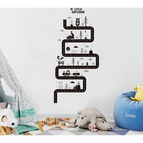 Cartoon Road Wall Stickers Forest Mountain Animals Trees Wall Decals for Kids Room Play Room Baby Nursey Home Decoartion Decor