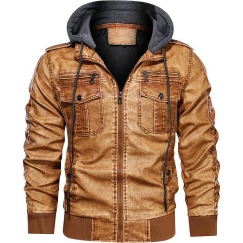 2021 Mens New Multi-Pocket Hooded Leather Clothing with Stand Collar Washed Vintage Tough Guy Fleece-Lined Leather Jacket