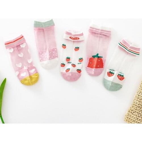 Only My Foot Childrens Socks Summer Thin Mesh Socks For Girls Strawberry Sweet Baby Kids Short Crystal Ankle 5Pairs/Lot