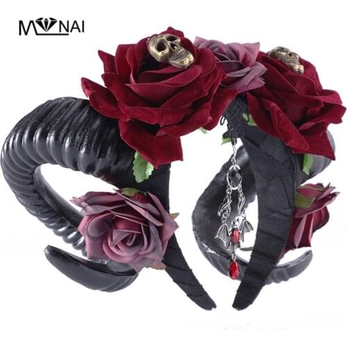 Handmade Punk Skull Rose Headband Sheep Horn Hairband Gothic Halloween Cosplay Props Headpiece Lolita Fancy Dress