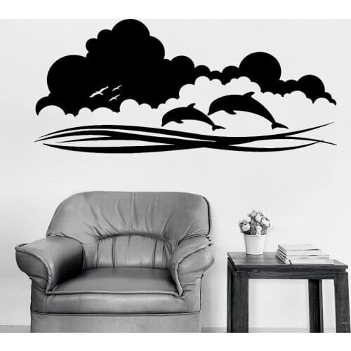 Ocean Waves Wall Decal Sea Animals Dolphins Vinyl Stickers Marine Theme Kids Bedroom Bathroom Nursery Interior Decor Mural Q918