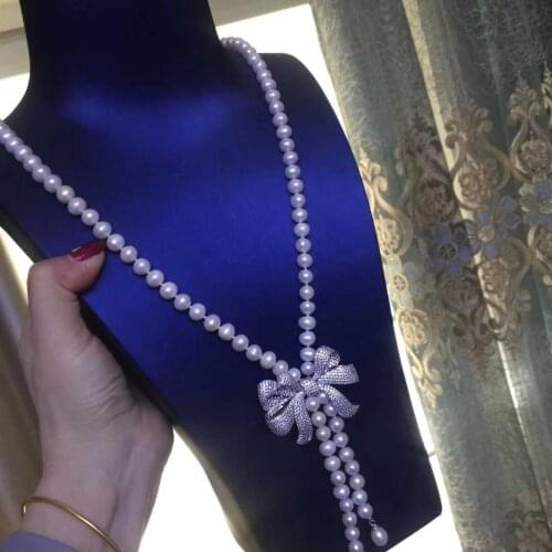 Natural 8-9mm white freshwater pearl Hand knotted butterfly tassel necklace sweater chain fine jewelry 32inch