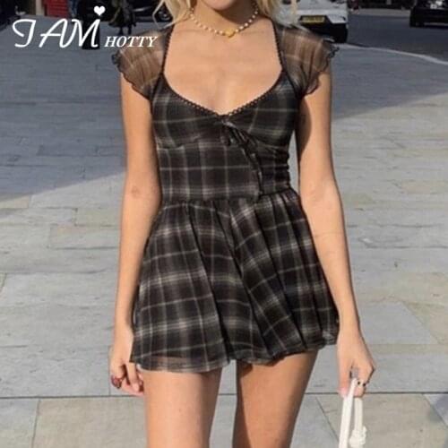 Vintage Plaid Print A Line Mini Dress Women Elegant Chiffon Straps Sexy V Neck Party Dresses Summer Black Sundress Iamhotty
