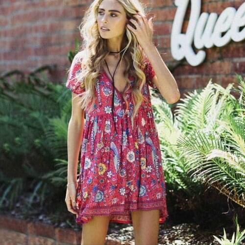 Super Chic Boho dress rayon birds floral print V-neck buttons loose bohemian chic summer dresses mini beach women dress