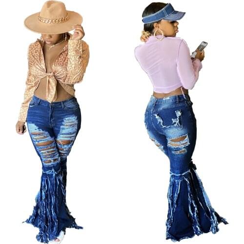 Casual Women Ripped Jeans Pants Falre Pants Denim Long Trousers Hollow Out Streetwear Jeans Clothes For Women Outfit