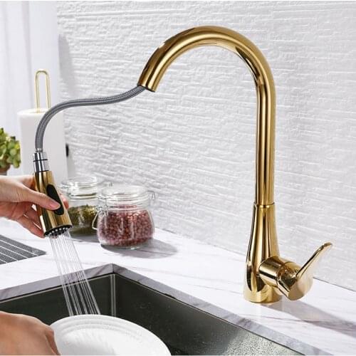 SEKOVA Gold/Rose gold/Chrome/Black Plated Brass Kitchen Faucet Single Handle Deck Mounted Rotation Sink Pull Out Water Mixer Tap